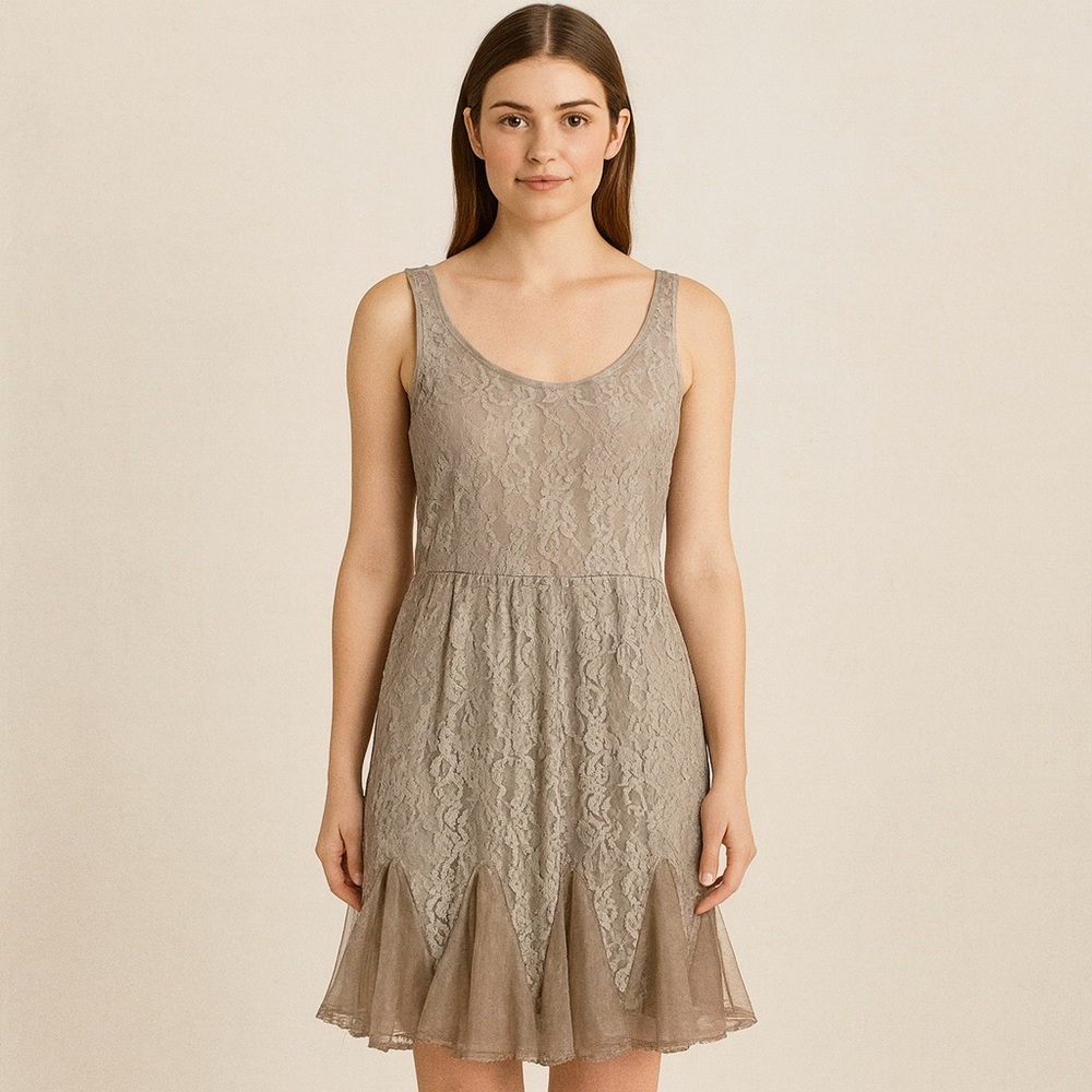 Mystree Lace Tank Dress Beige Size Lg Boho Cottagecore Feminine Chic Flounce Hem
